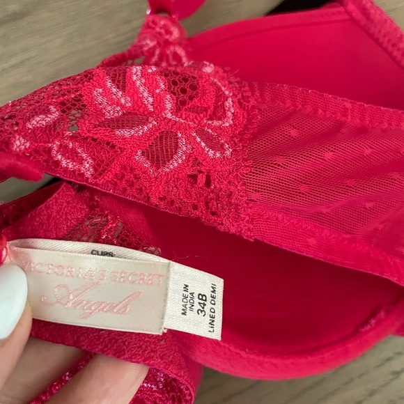 Victorias Secret Lined Demi Angels Bra, Lace Trimmed, Red, 34B - Picture 2 of 5